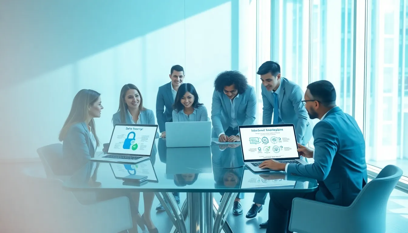 diverse team discussing data security in a modern office