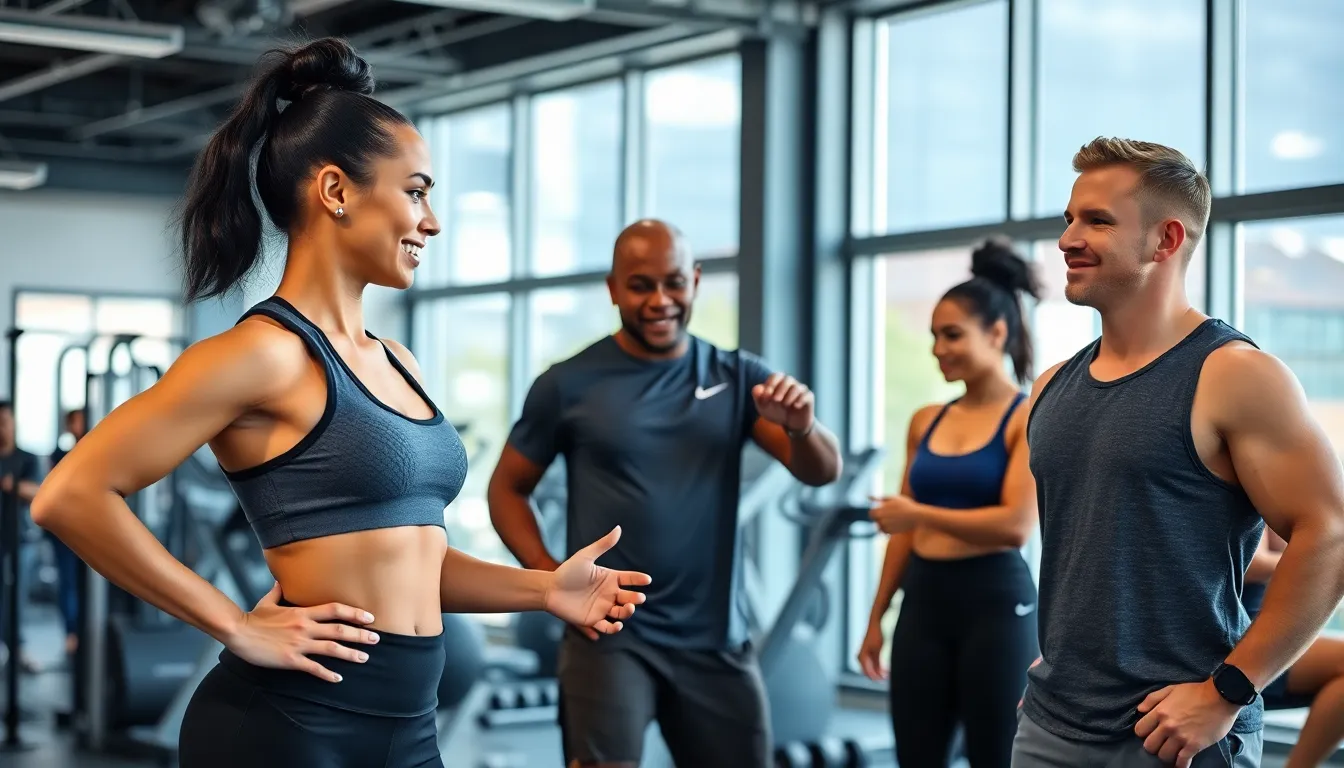 diverse trainers assisting clients in a modern gym setting.