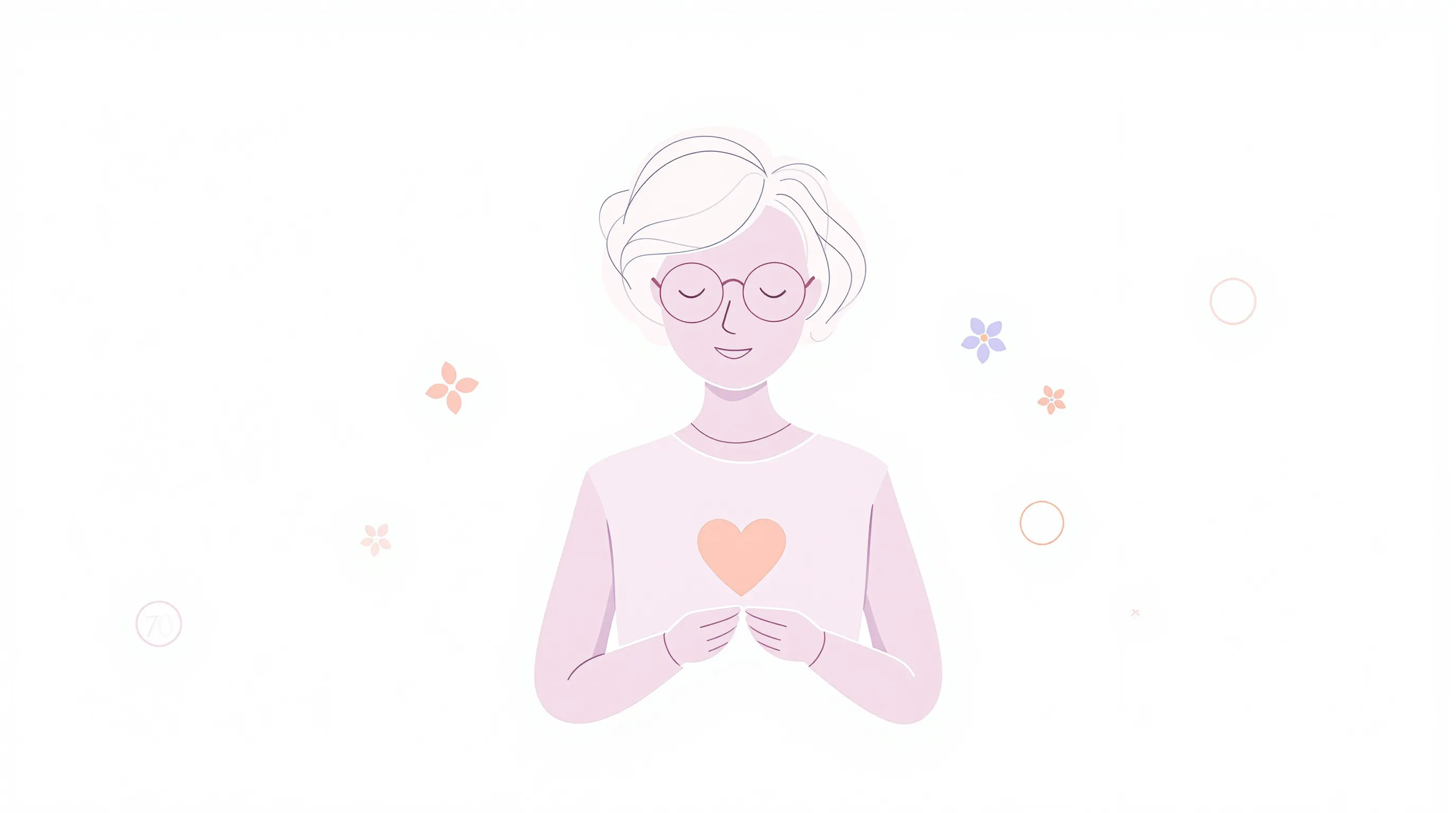 Minimalist silhouette of grandmother holding heart shape with number 70, celebrating birthday.