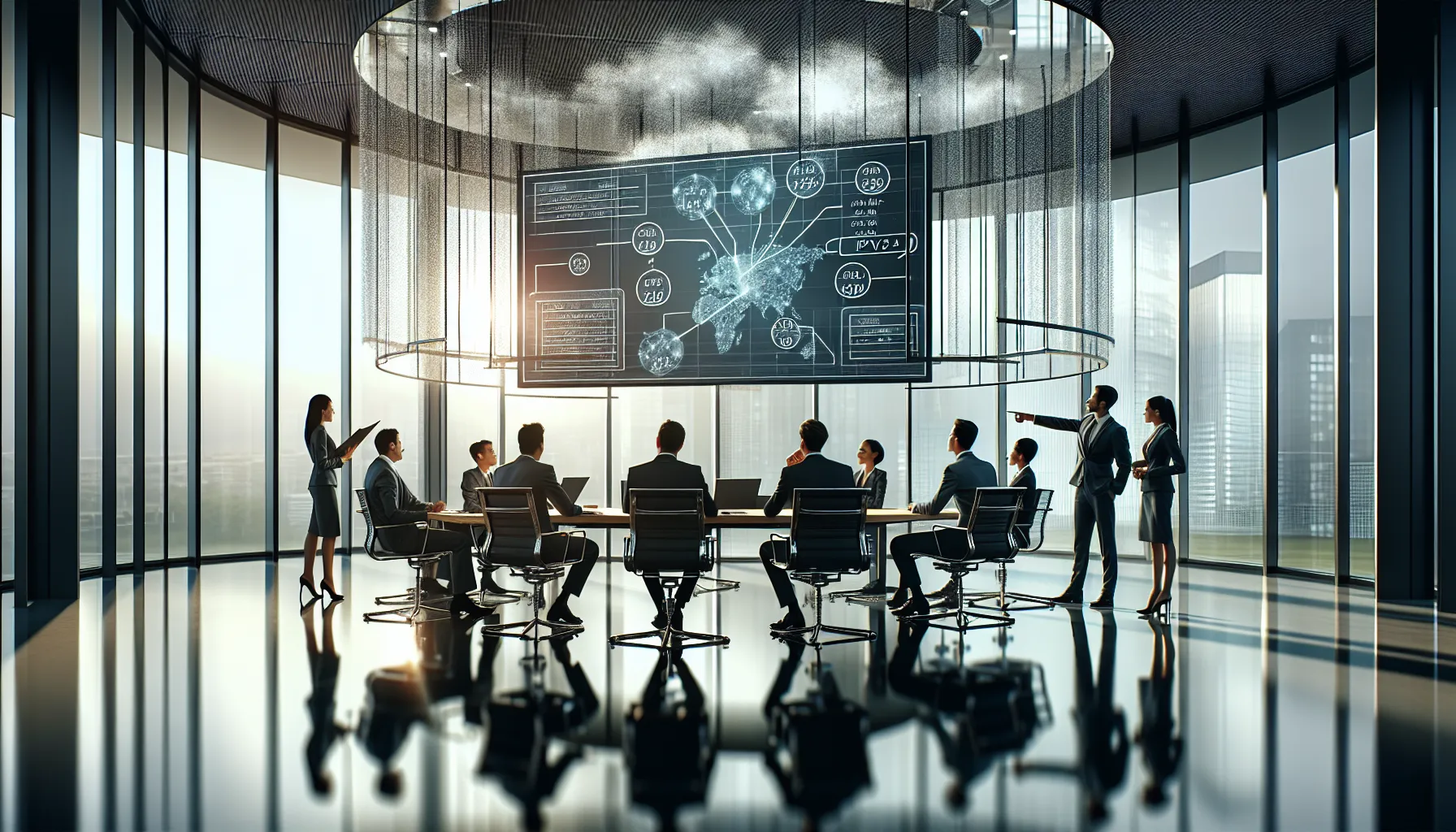 IT professionals discussing network security in a modern office.