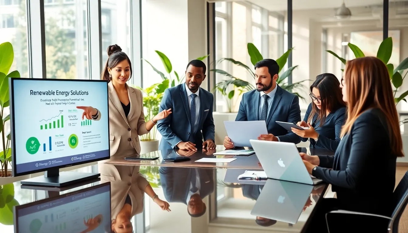 diverse team collaborating on renewable energy solutions in a modern office.