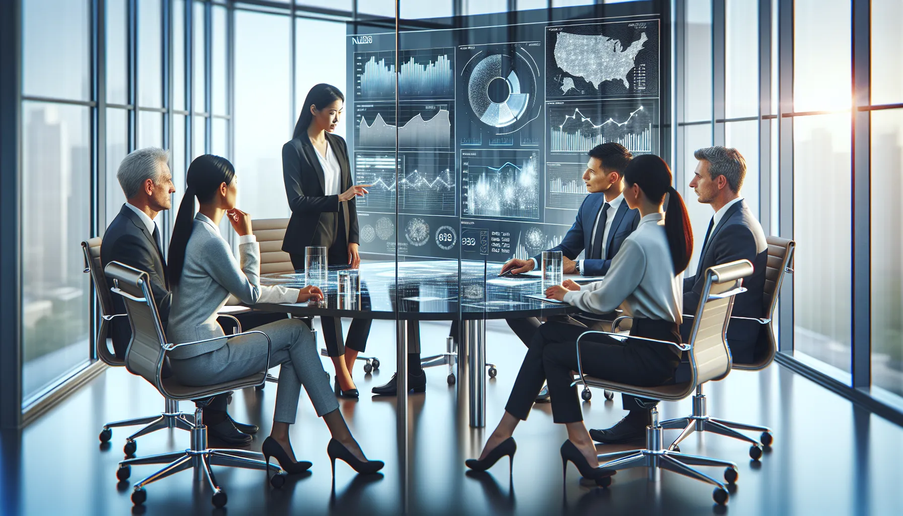 diverse professionals discussing data in a modern office meeting room.
