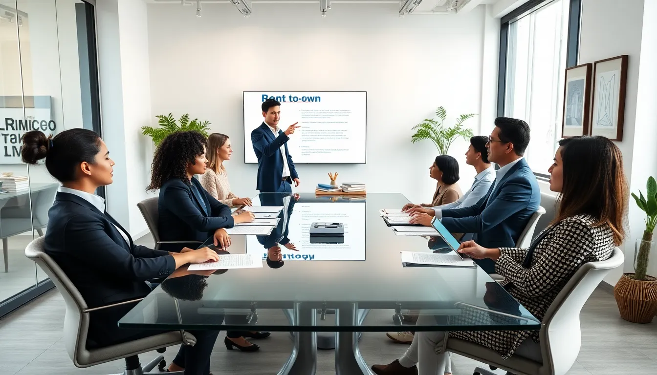 diverse professionals discussing rent-to-own agreements in a modern office.