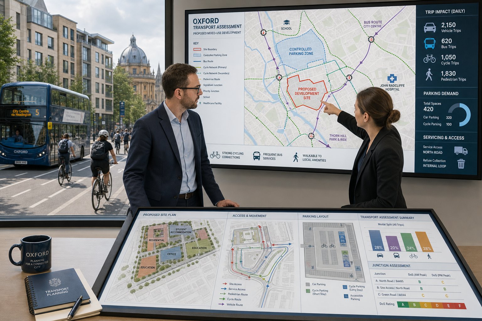 Traffic engineer reviewing Oxford development transport plans in a modern office.