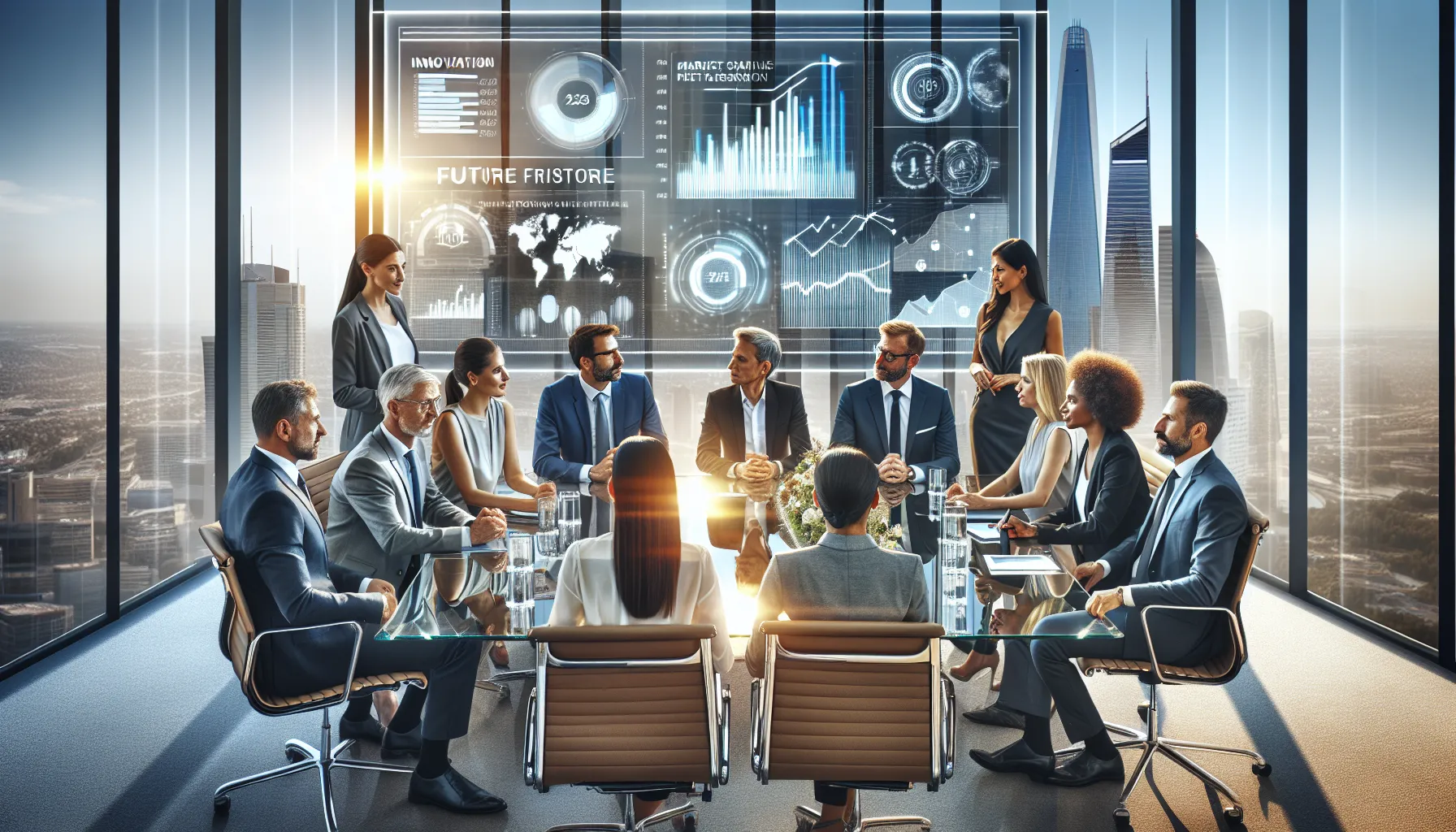 diverse professionals discussing future strategies in a modern conference room.