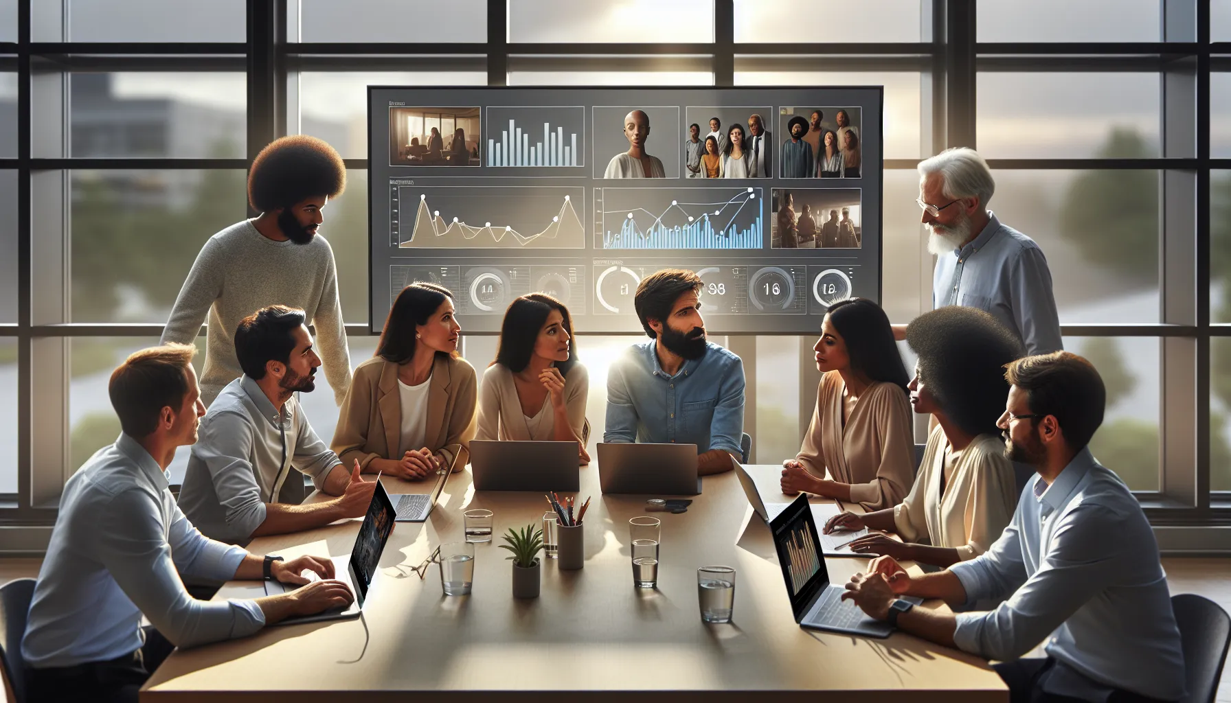 diverse professionals discussing streaming platforms in a modern office.