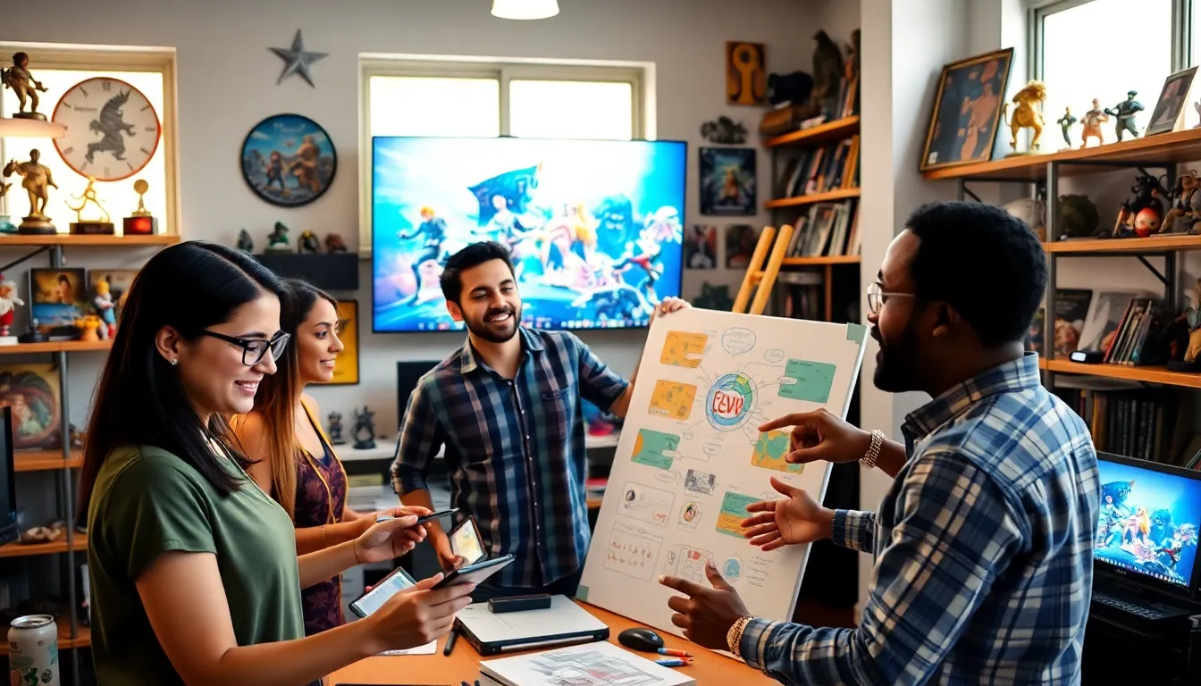 a diverse team of game developers collaborating in a lively studio.