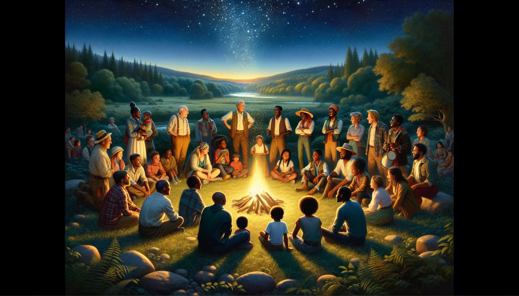 diverse group sharing stories around a fire in a natural setting.