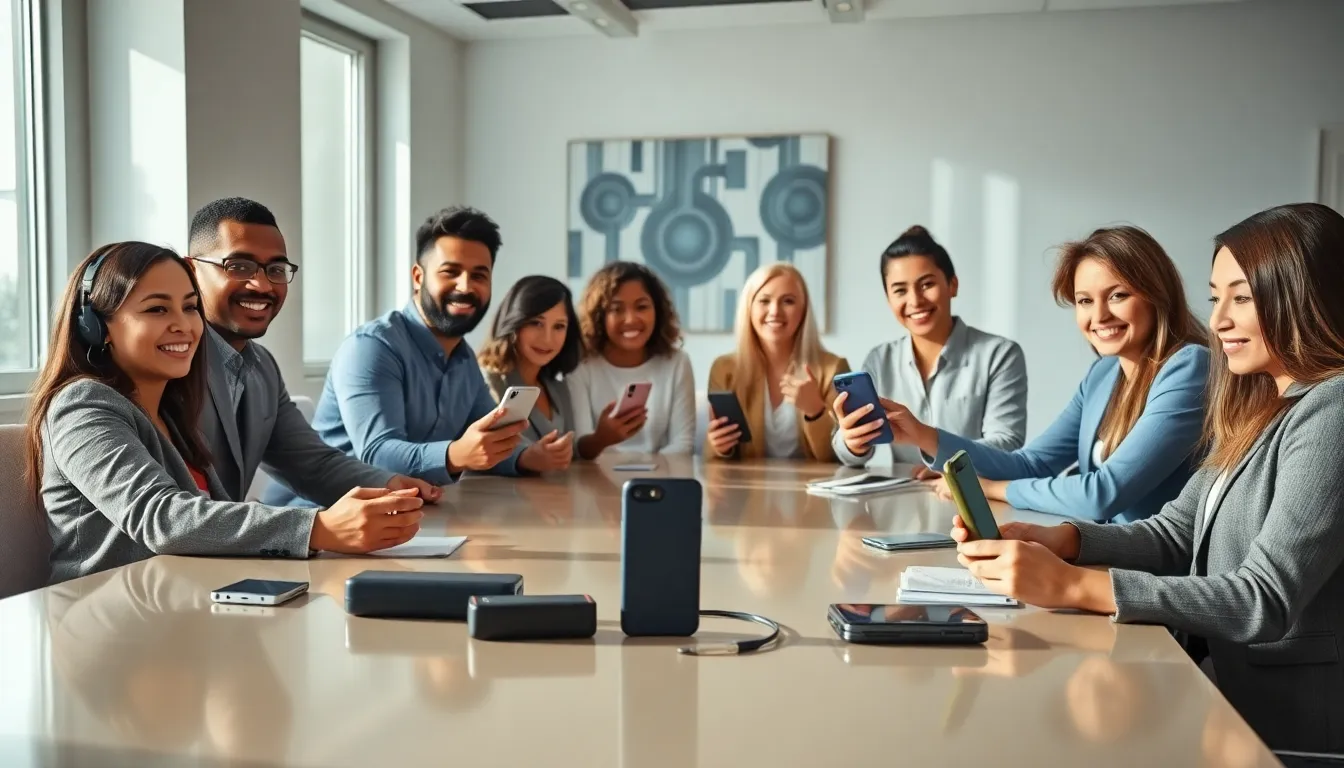 diverse team discussing various gadget accessories in a modern office.