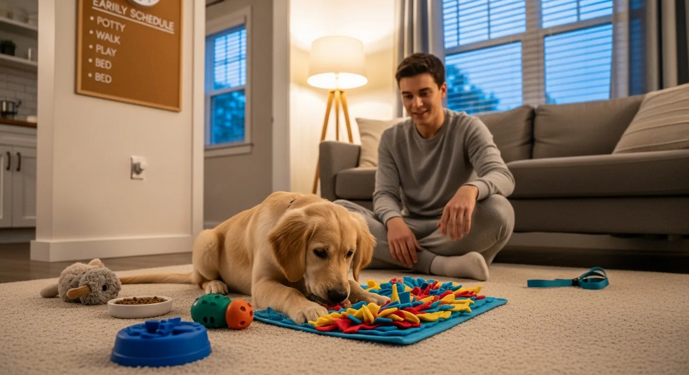 Golden retriever puppy using a snuffle mat in a calm evening home routine.