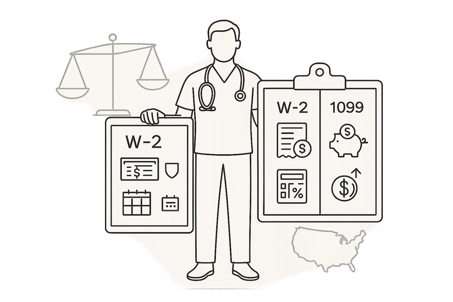 Physician assistant holding a split clipboard labeled W-2 and 1099 with icons.