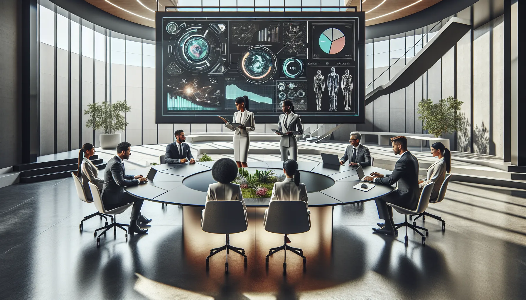 diverse team collaborating in a modern office on digital tools.