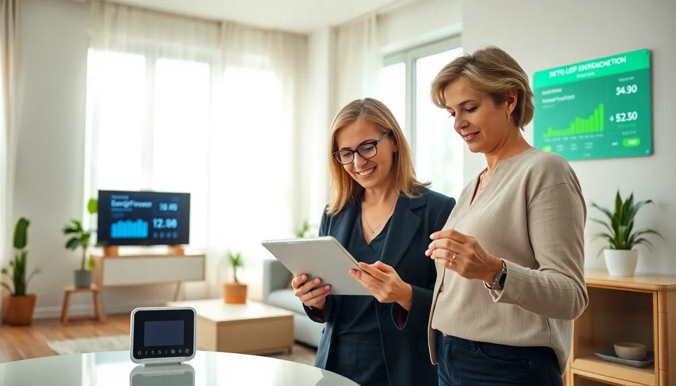 A woman using a tablet to manage energy consumption in a modern living room.