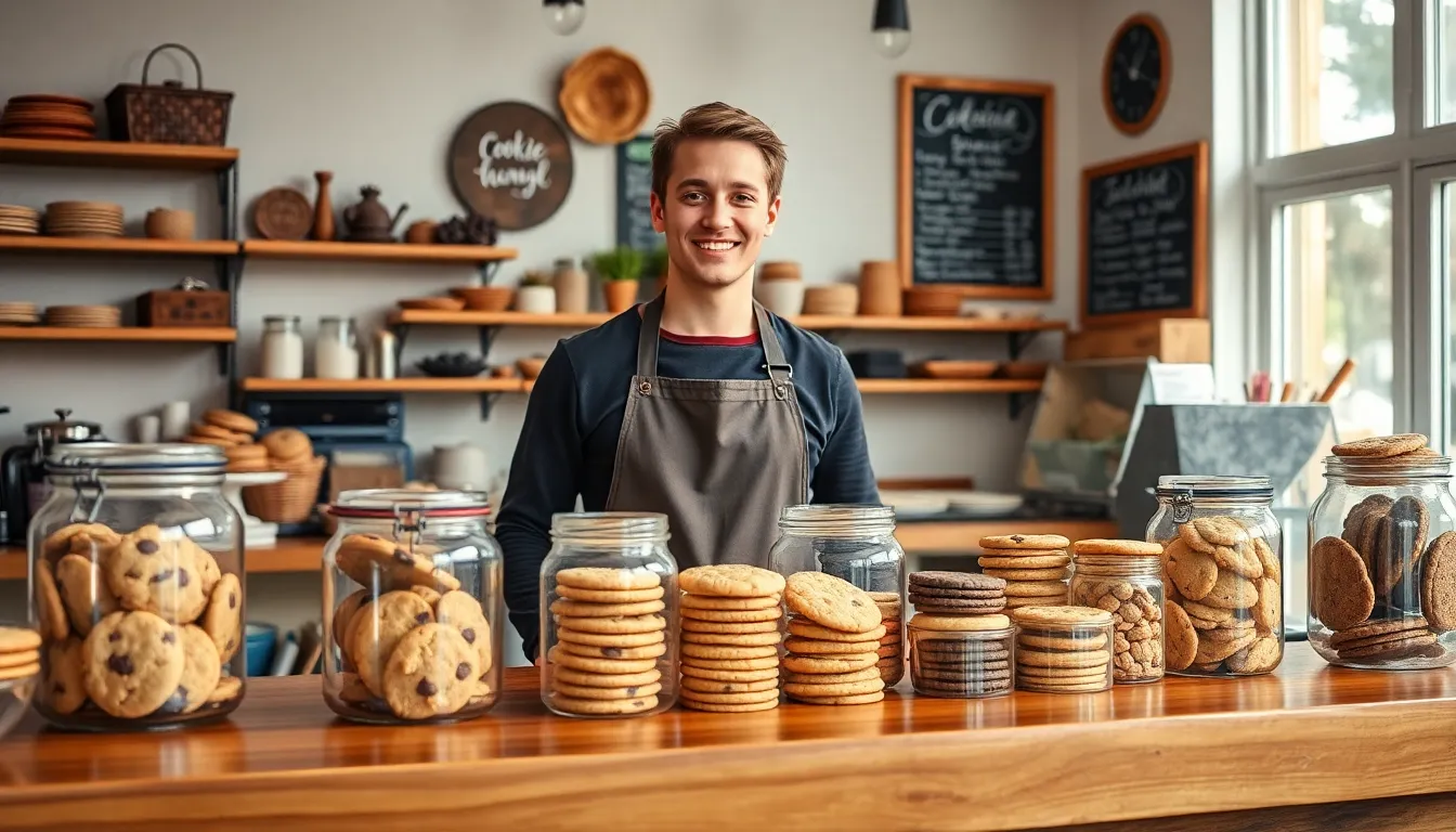 Jackson in a cozy cookie shop with assorted cookies on display.