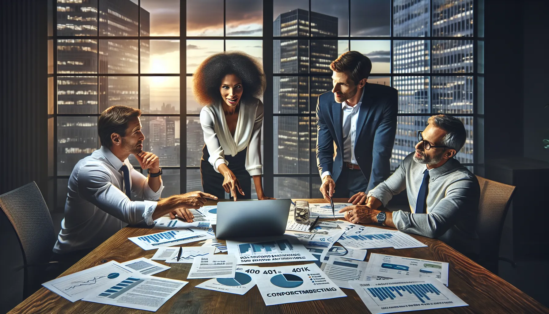 Professionals discussing 401(k) benefits at a conference table in an office.