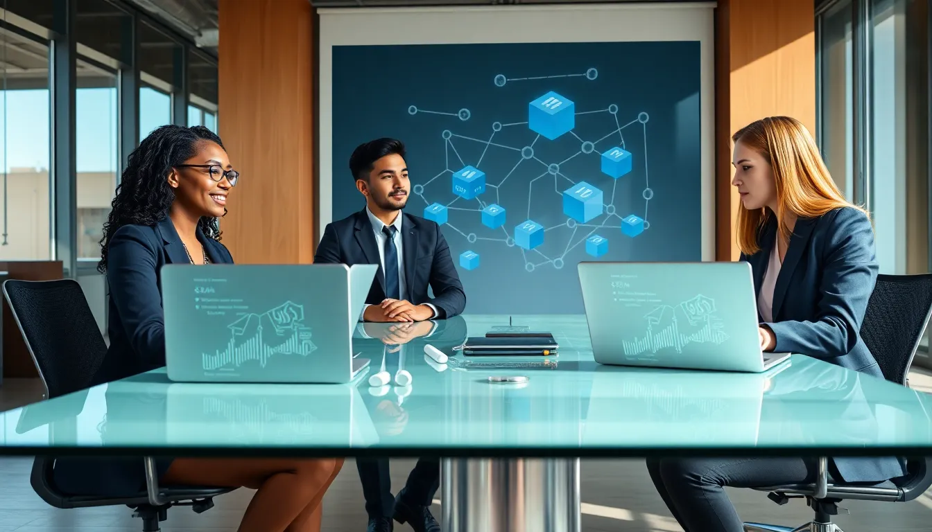 diverse team discussing blockchain technology in a modern office.