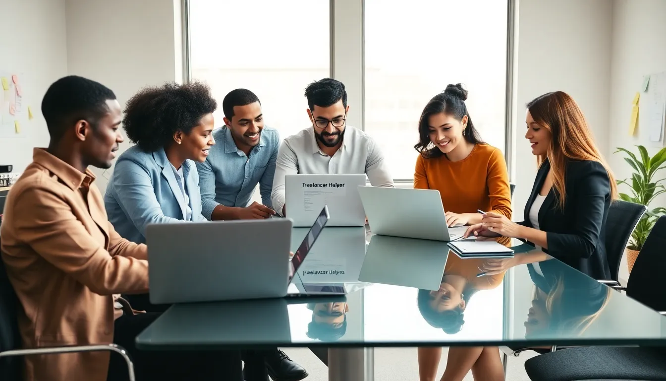 diverse freelancers collaborating in a modern office using a productivity tool.