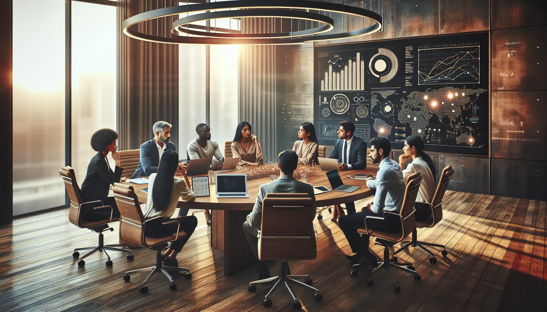 diverse team discussing data analysis in a modern office.