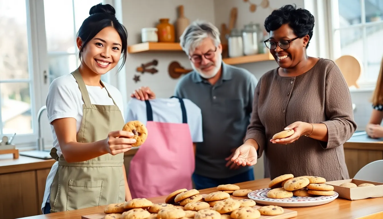 three people in a kitchen enjoying freshly baked cookies together.
