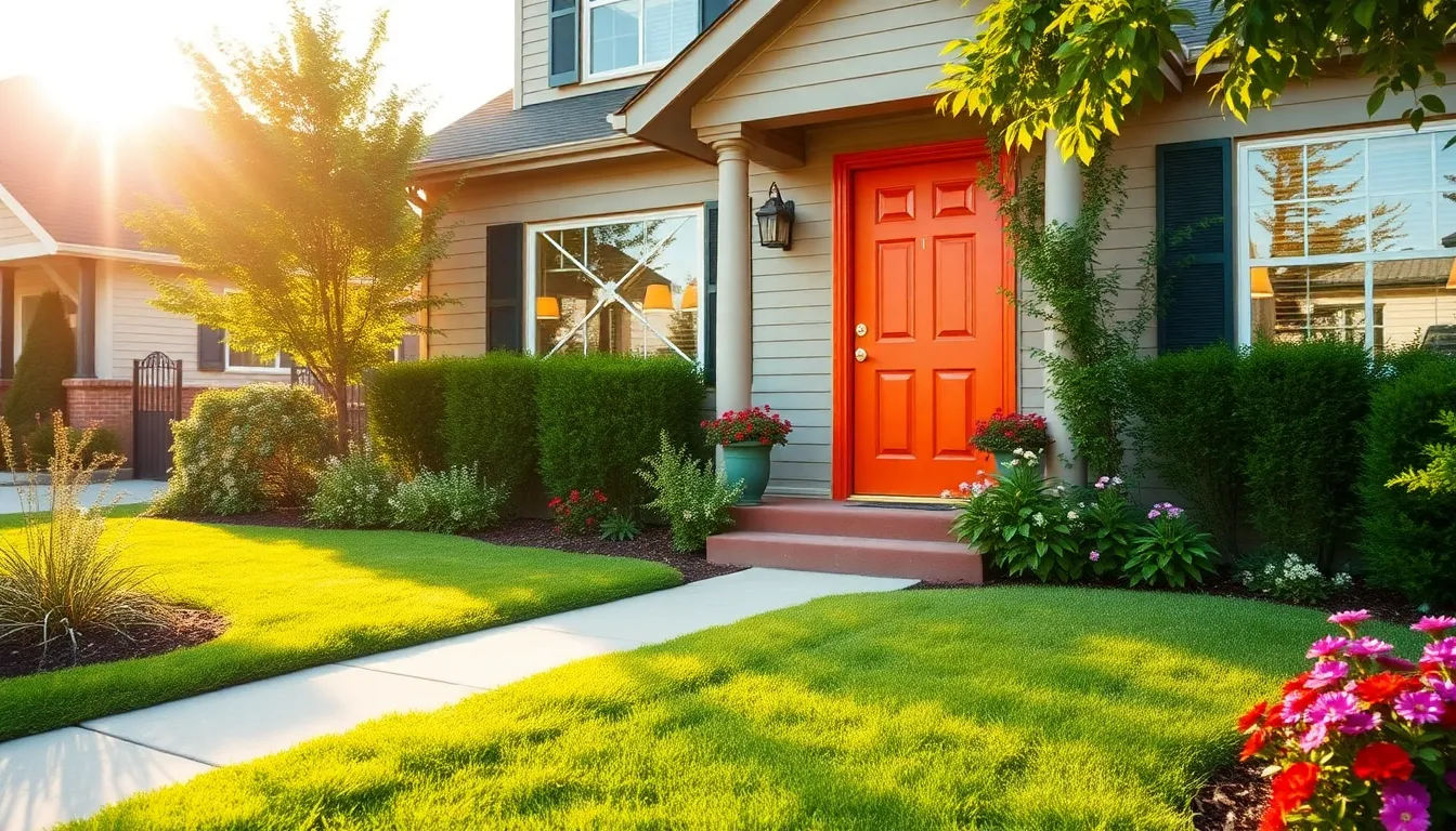 A renovated house with colorful door and beautiful landscaping.