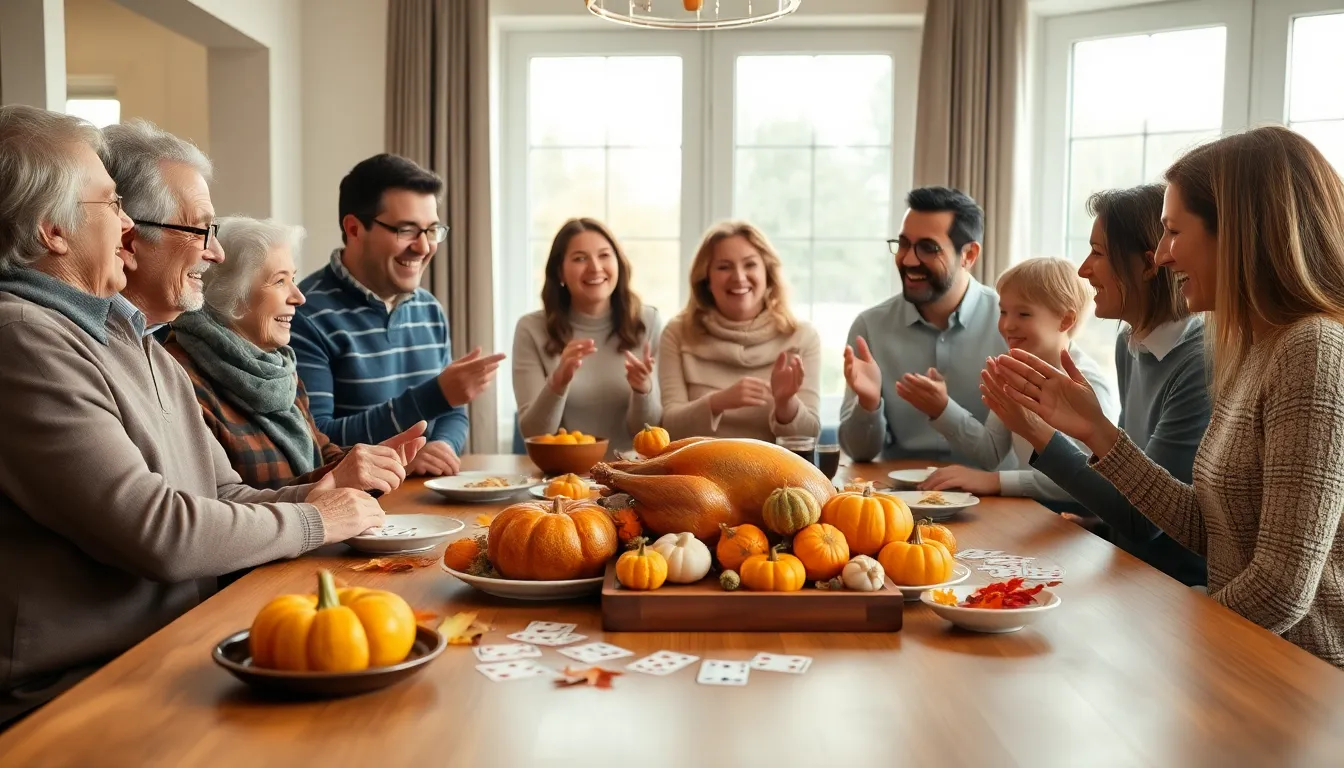 family enjoying fun games together during Thanksgiving dinner.