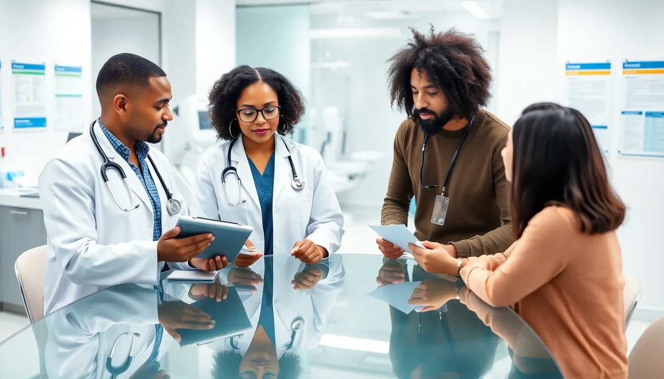 medical professionals discussing health condition C10M545 at a conference table.