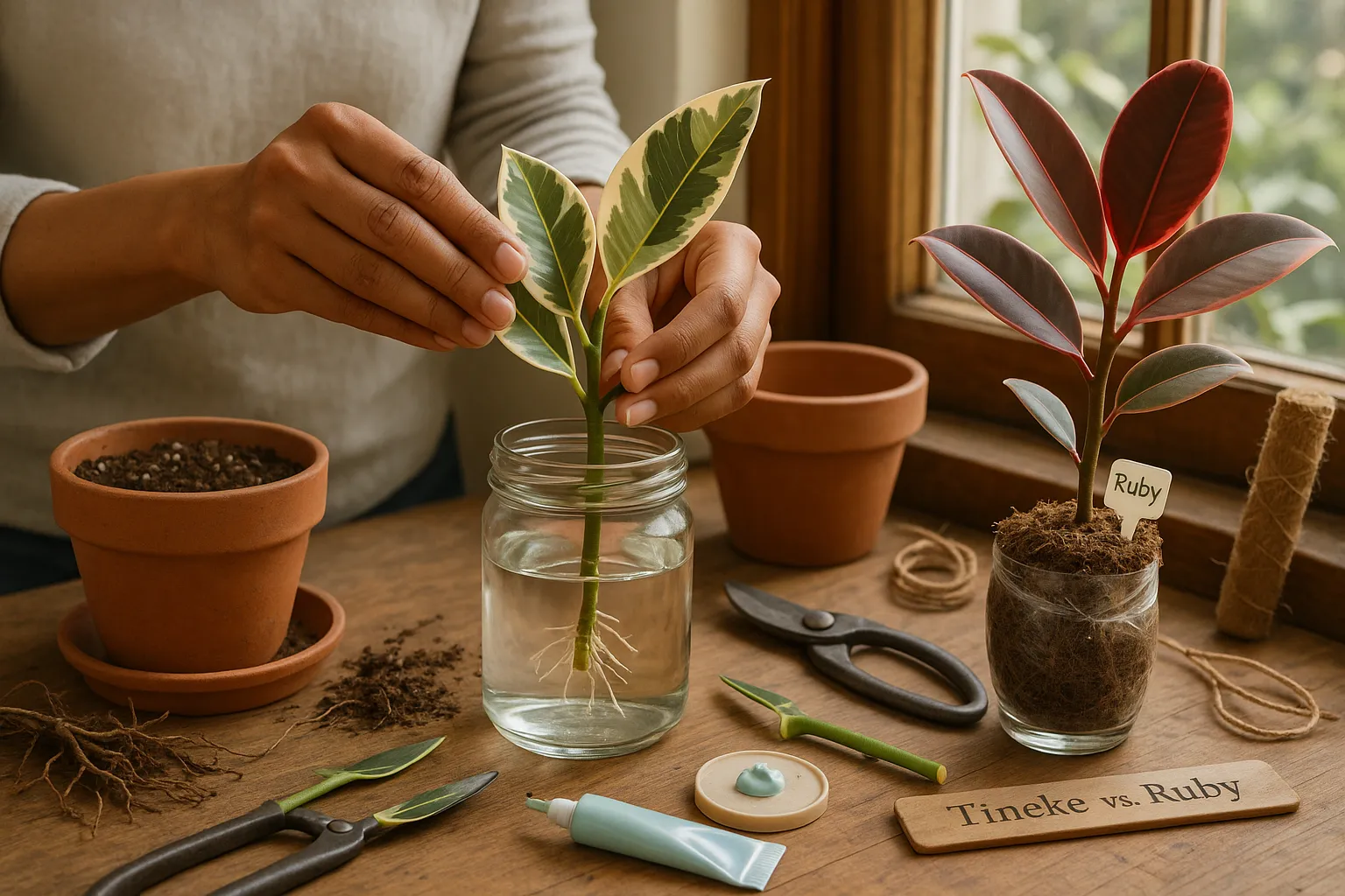 Hands propagating Tineke and Ruby rubber plants on a sunlit windowsill.