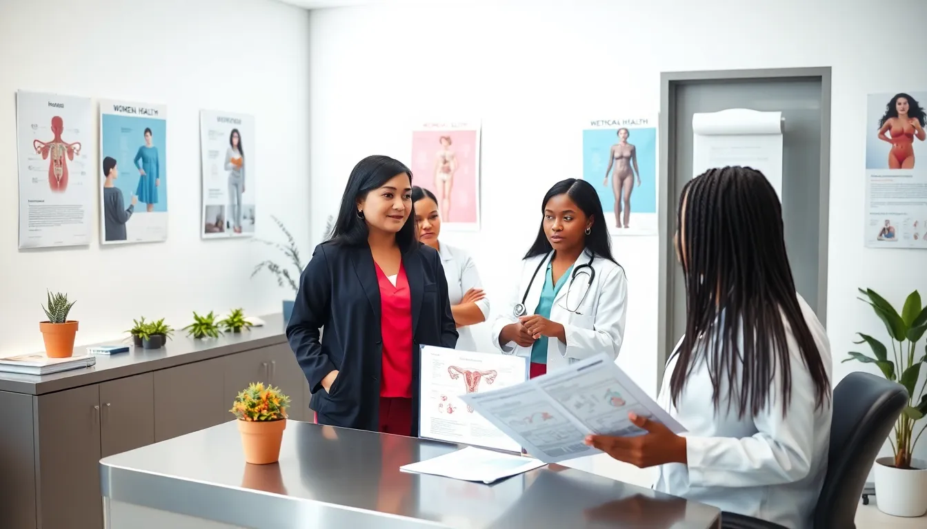 diverse healthcare team discussing hypermenorrhea in a modern office.