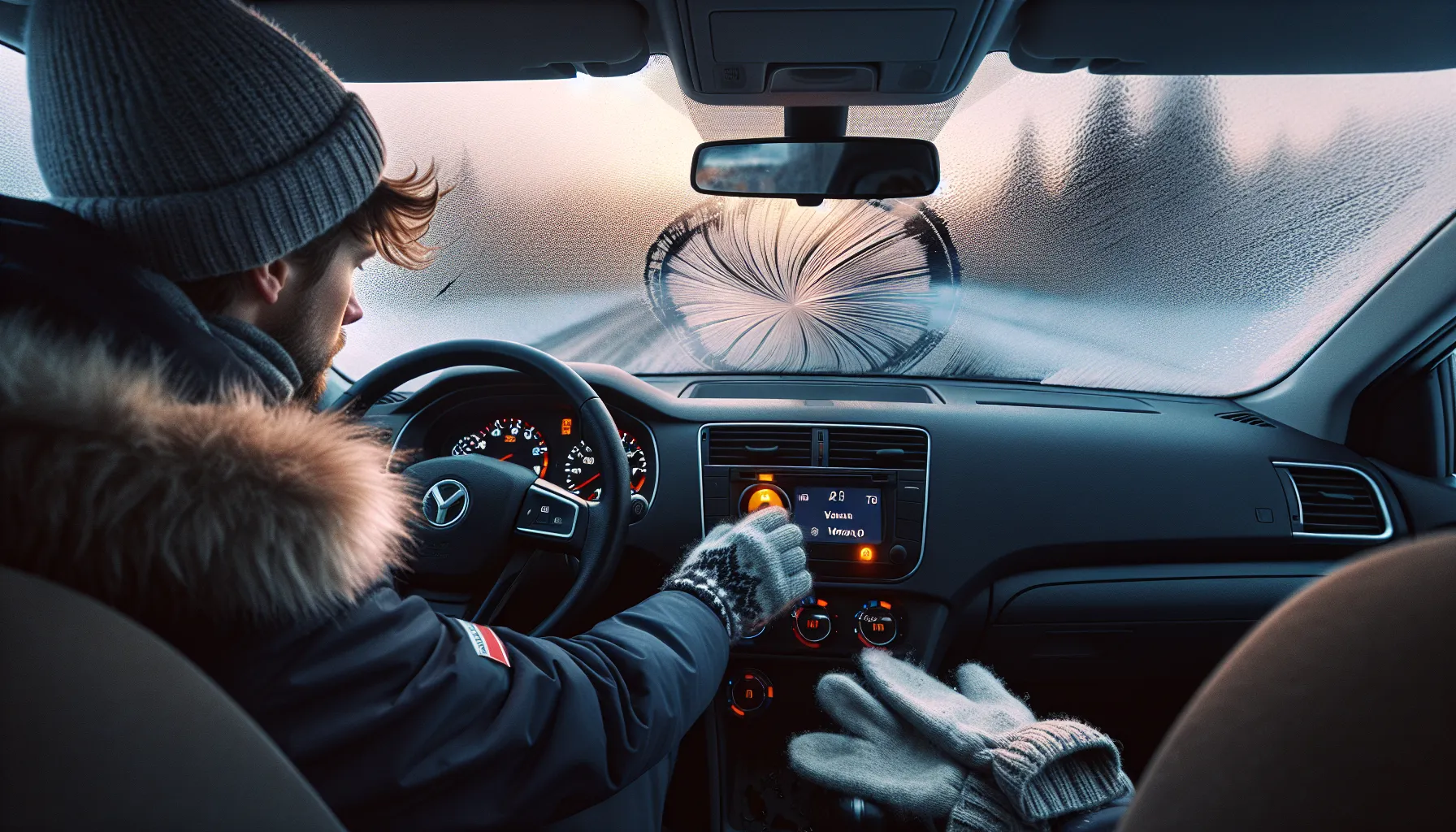 Driver uses defrost to clear a foggy windshield on a snowy morning.
