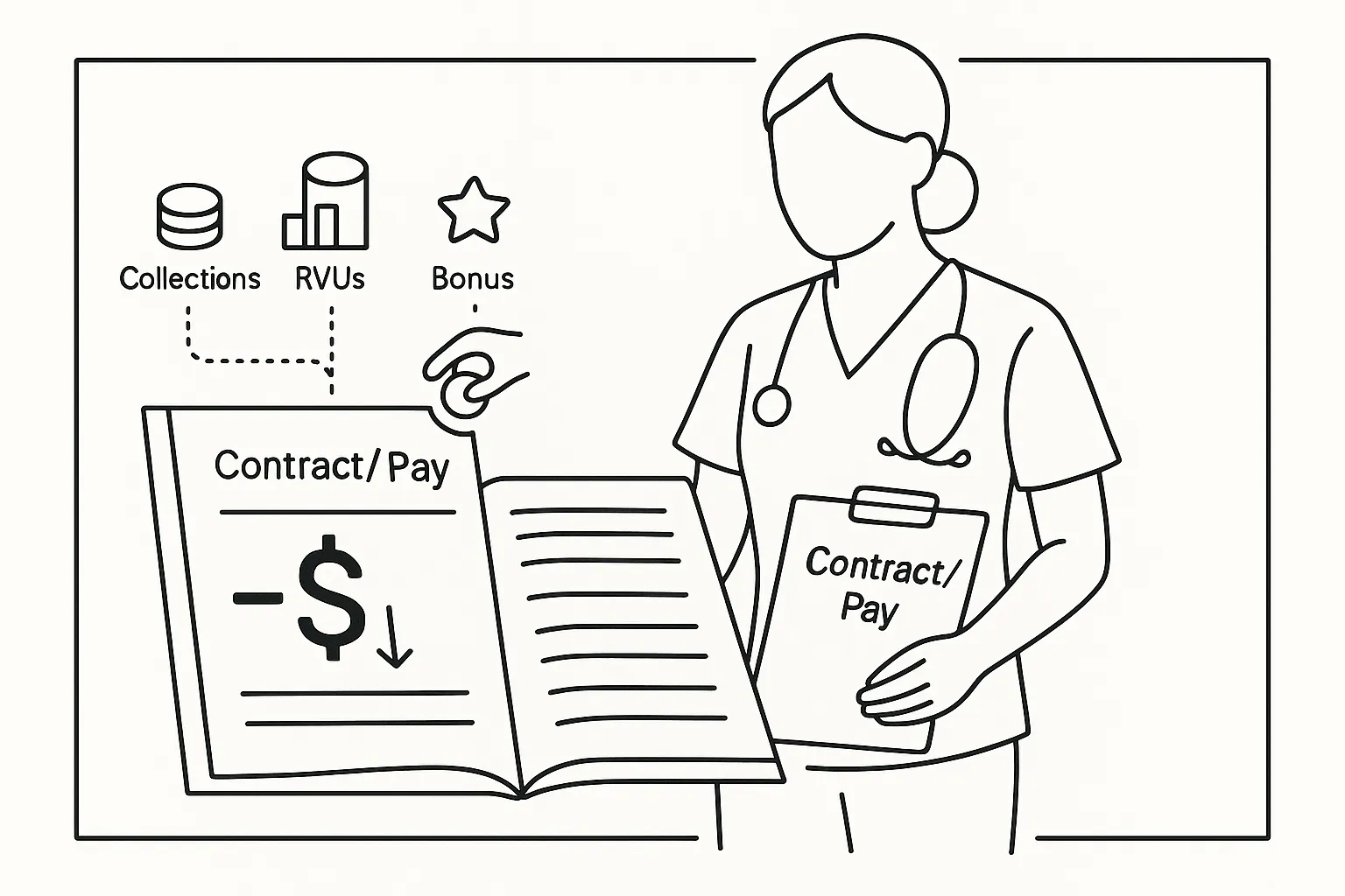 Nurse practitioner with contract ledger showing a negative balance and clawback icons.