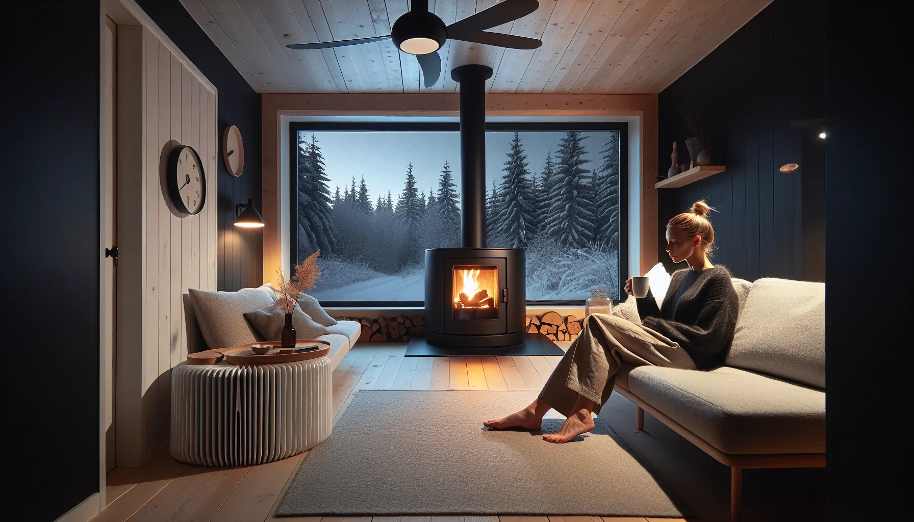 Hvordan oppnå optimal varmefordeling i hjemmet 2 Woman relaxing in norwegian living room with radiator, ceiling fan, and stove.