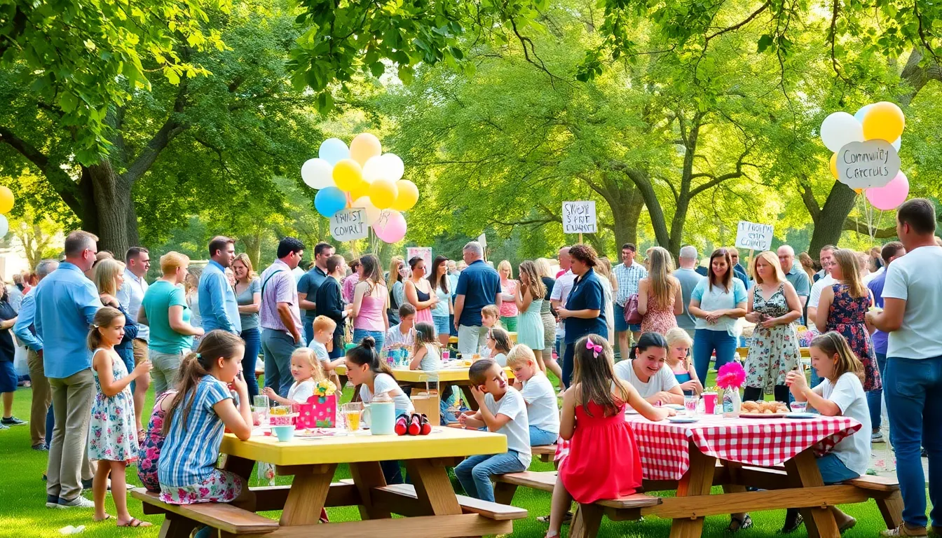 diverse group enjoying a joyful outdoor thrifty event in a park.