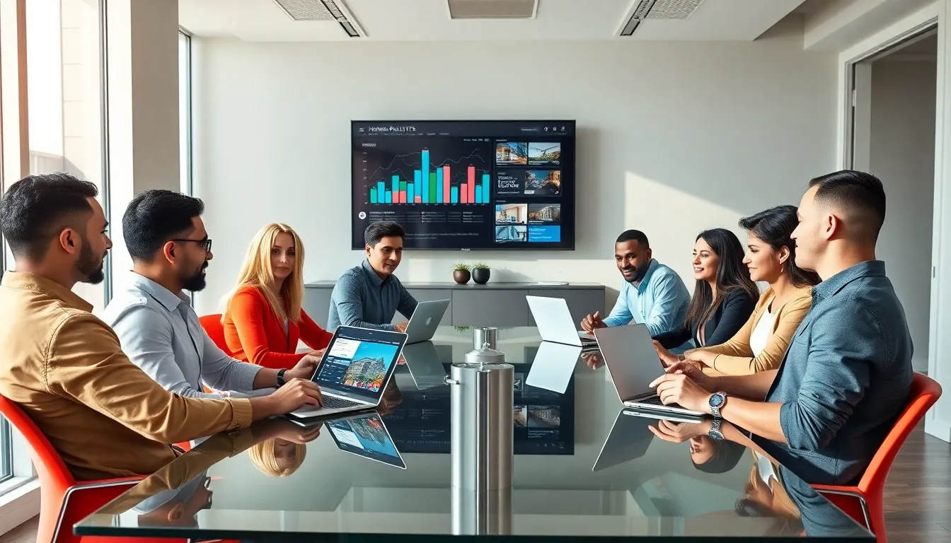diverse team collaborating in a modern real estate office.