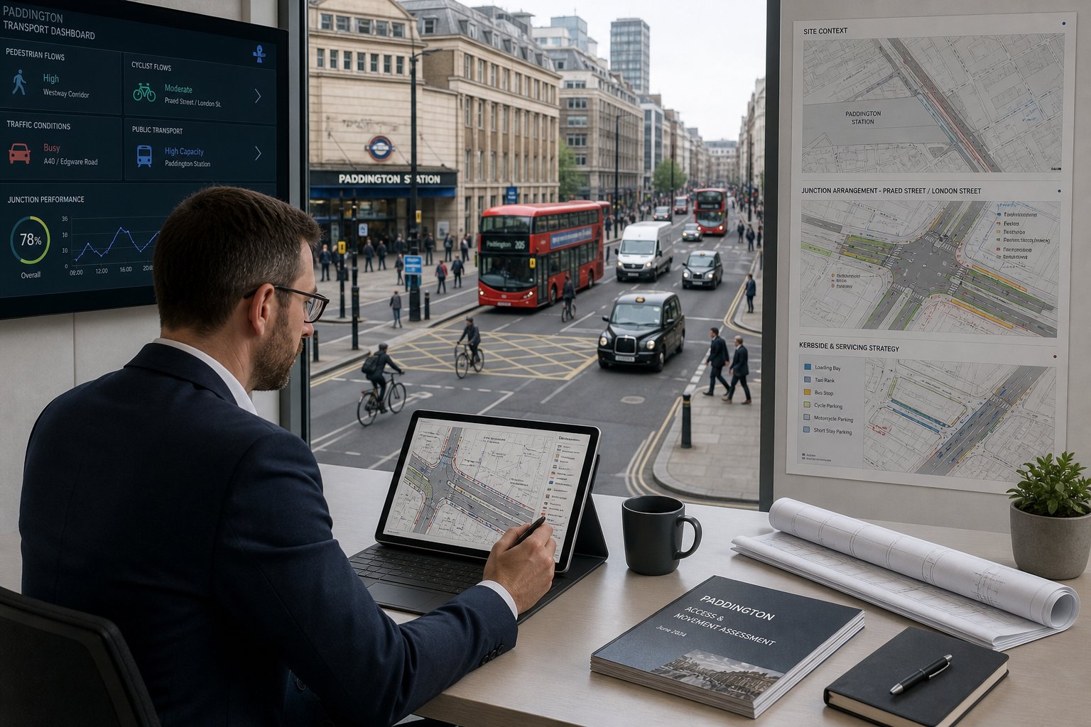 Traffic engineer reviewing busy Paddington street and transport plans.