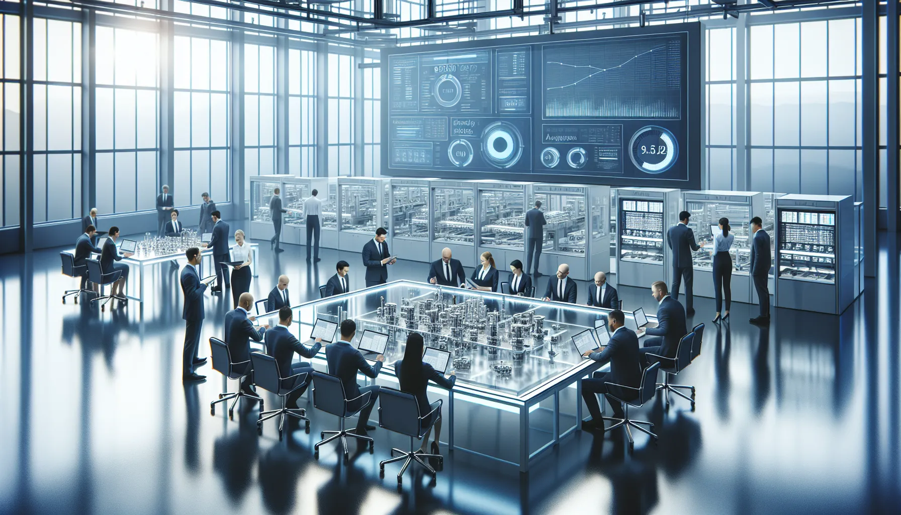 diverse professionals working with technology in a modern manufacturing setting.