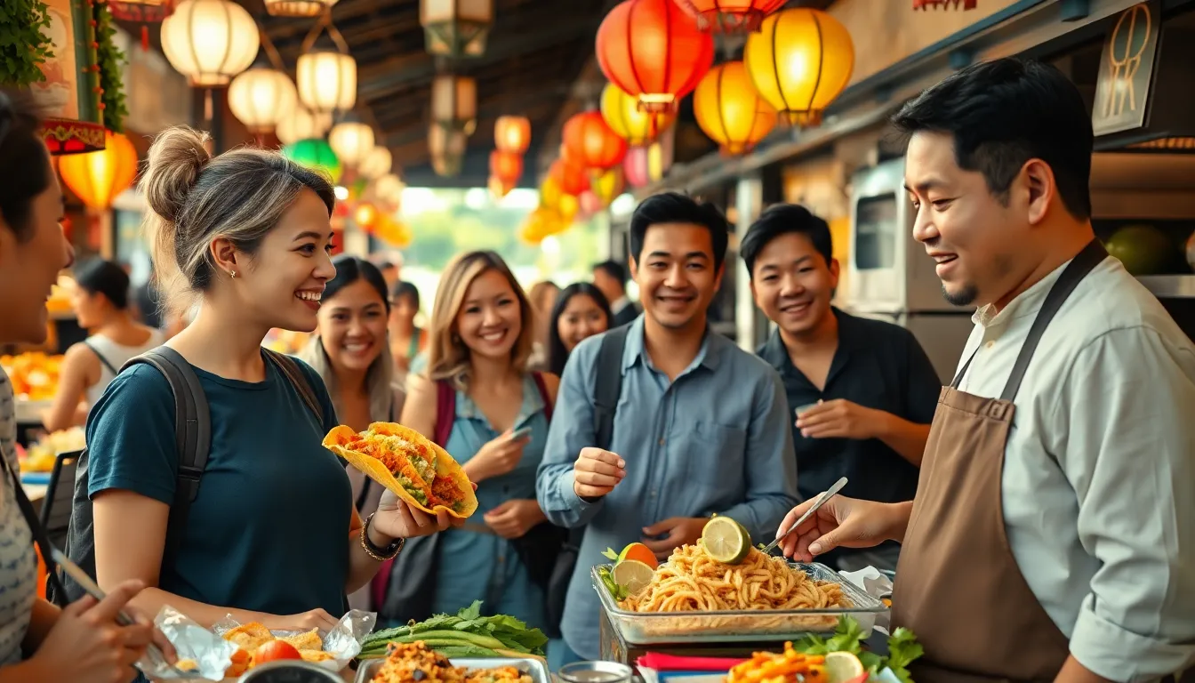 diverse travelers enjoying street food in a lively market.