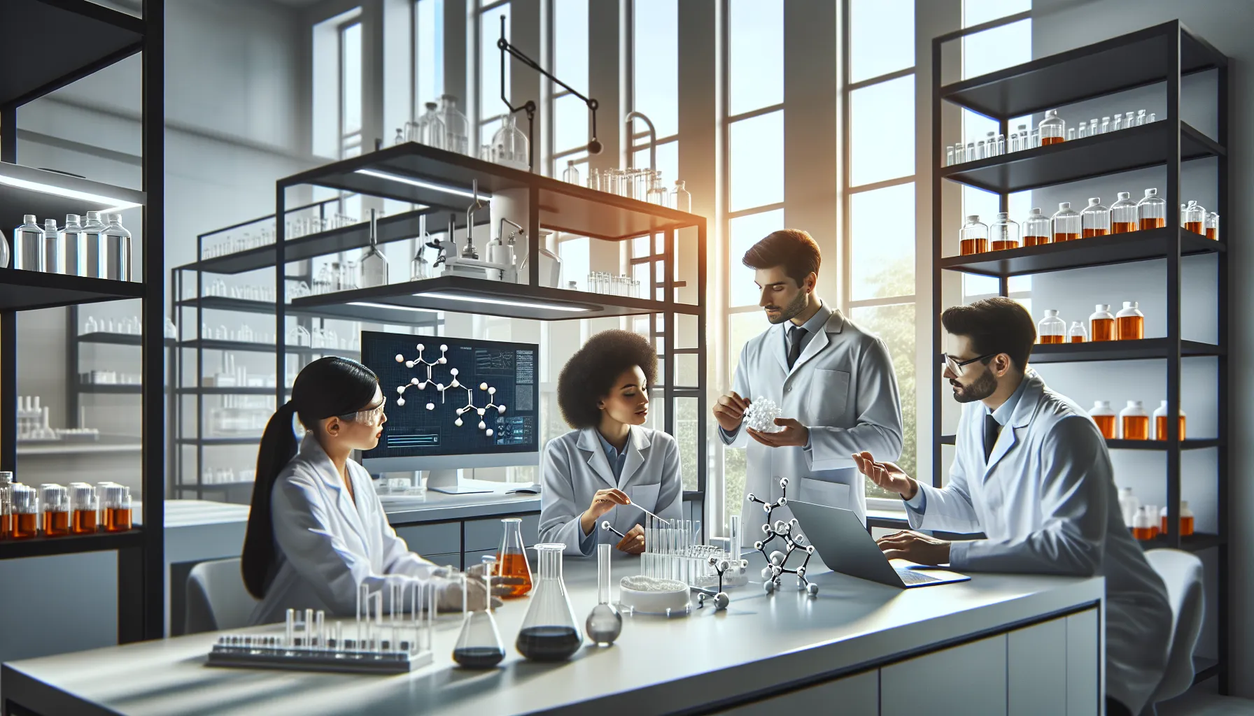 scientists discussing Mitacium Dizovid in a modern lab.