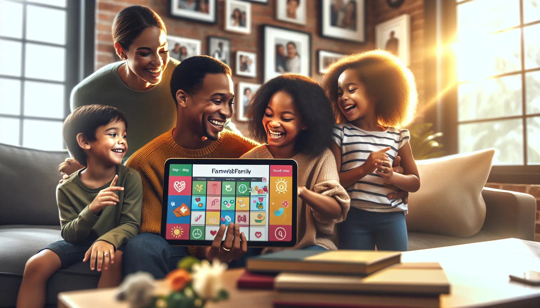 family engaging with a digital platform in a cozy living room.