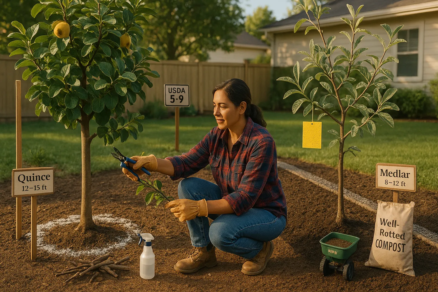 Gardener pruning quince beside medlar showing soil and spacing differences.