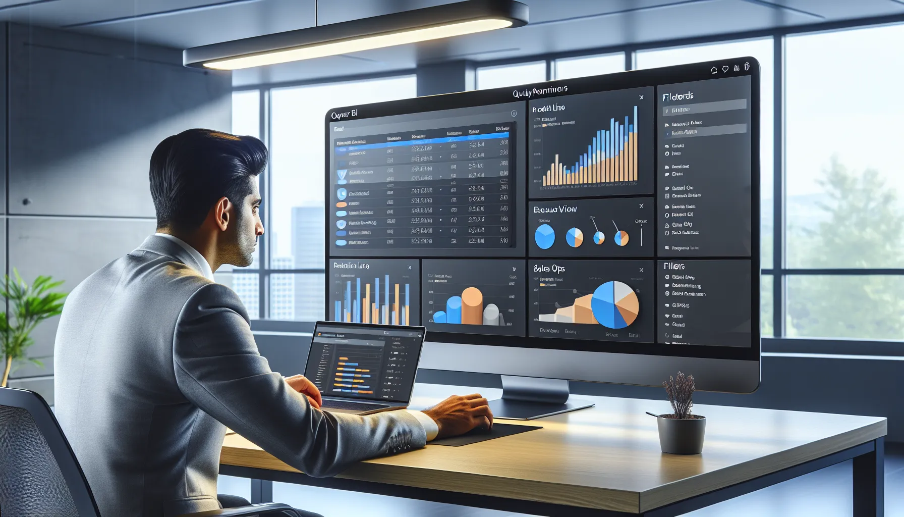 Analyst configures filtered Power BI report with bookmarks in a modern office.
