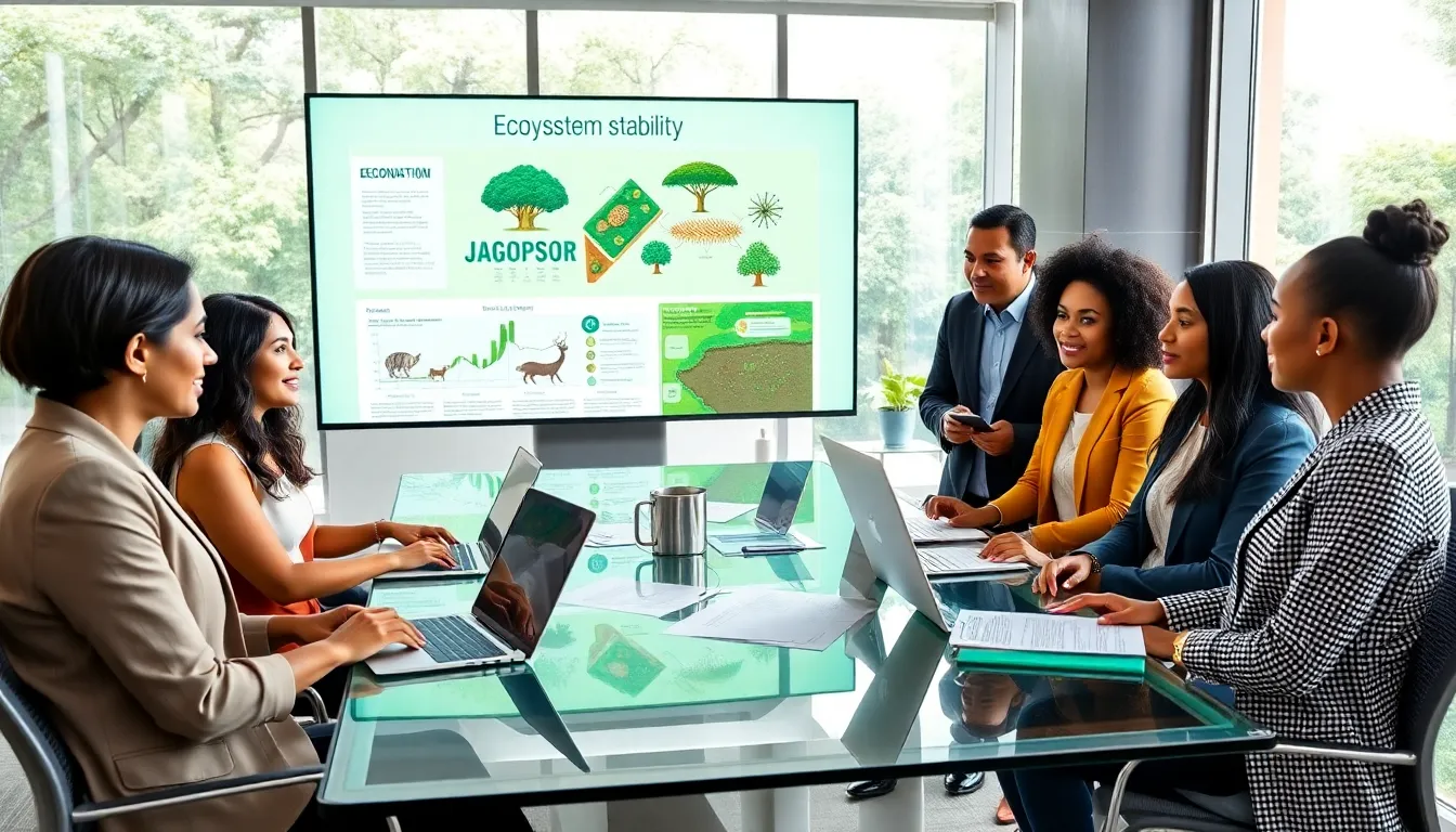 diverse professionals discussing ecological concepts in a modern office.