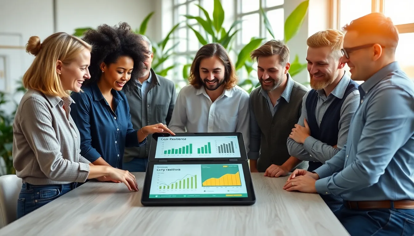 professionals discussing sustainable agriculture technology in a modern office.