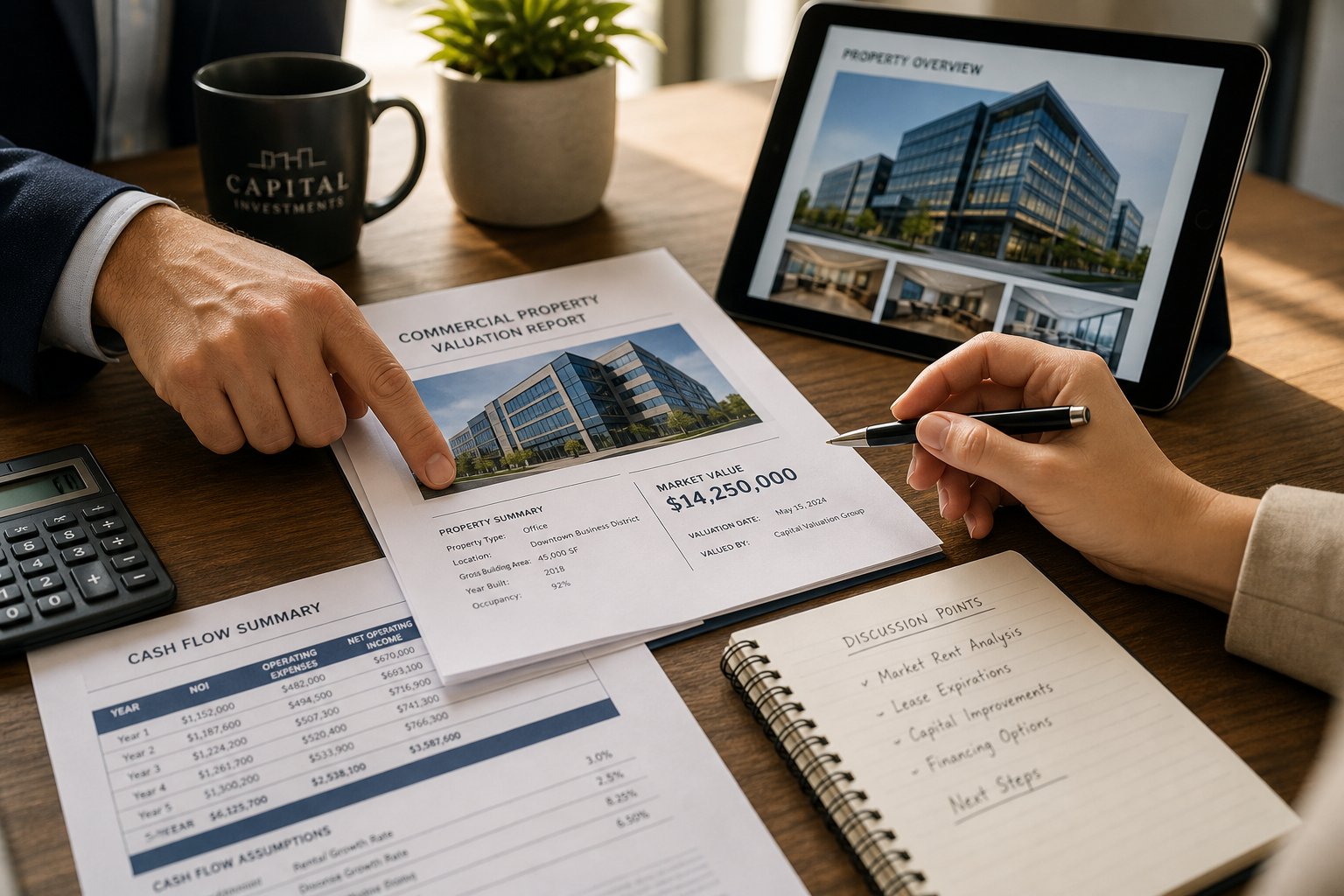 Commercial Mortgage Brokers Preston 10 Close-up of commercial mortgage paperwork, valuation report, and tablet on a meeting table.