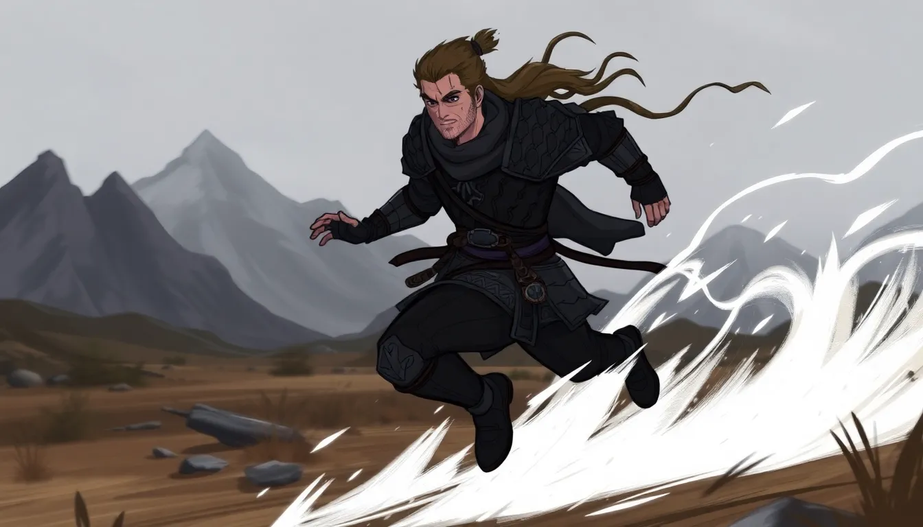 a Dragonborn using Whirlwind Sprint in a fantasy landscape.