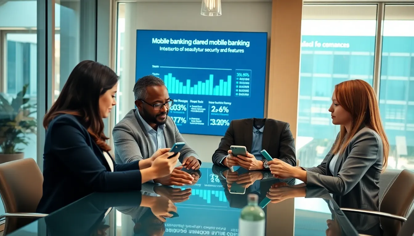 diverse professionals discussing mobile banking apps in a modern office.