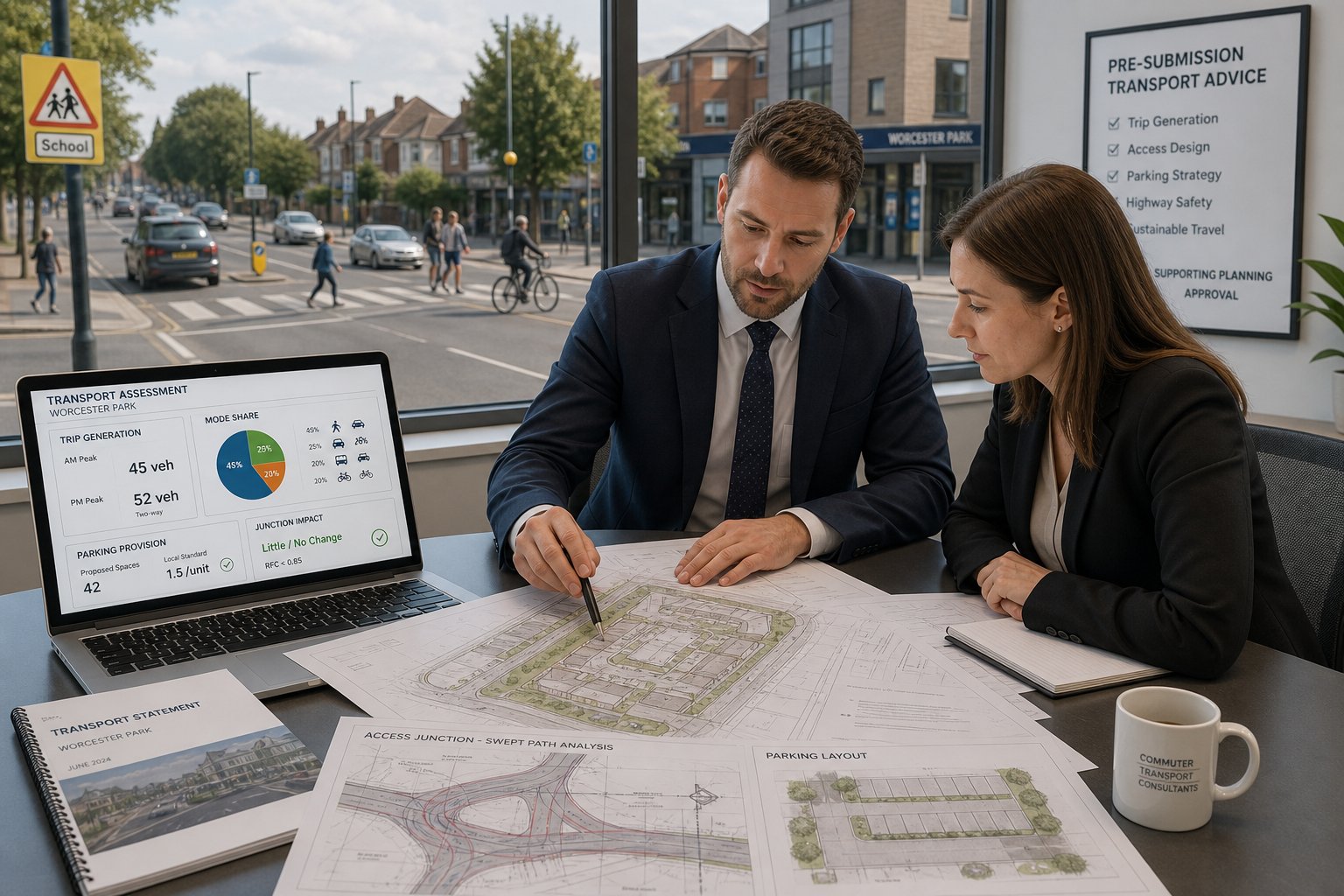 Traffic engineer reviewing planning and road access plans in a modern office.