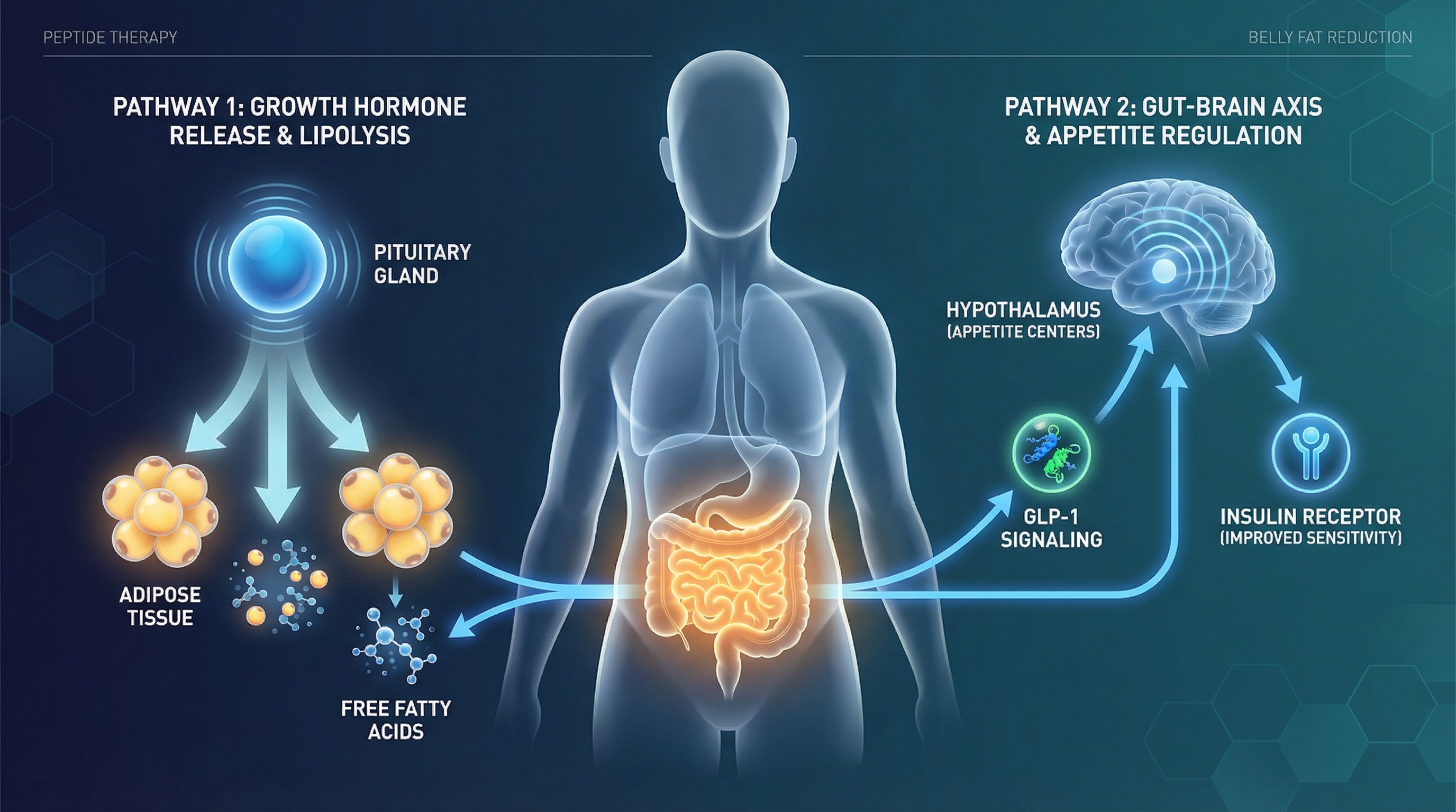 Medical illustration showing dual peptide pathways targeting belly fat reduction.