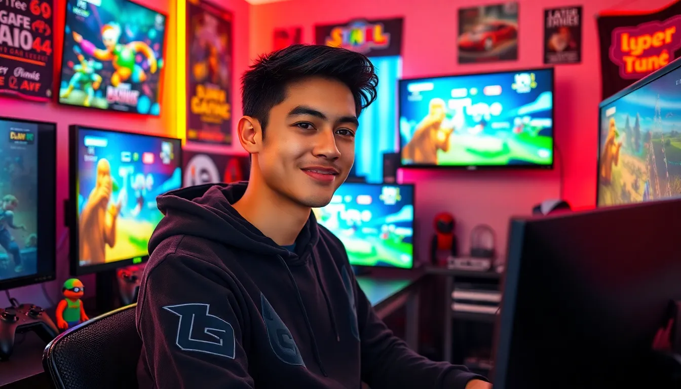 Larry Nando streaming games in a colorful gaming room.