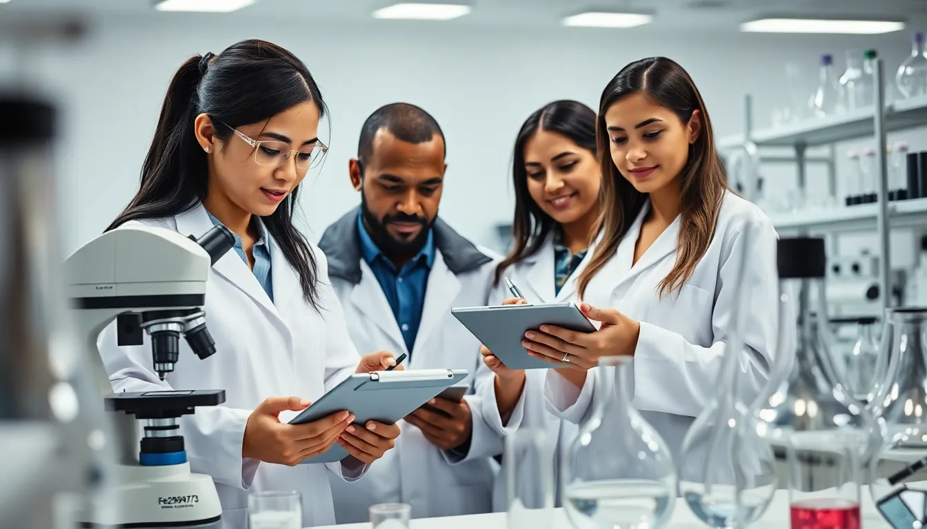 diverse scientists analyzing the compound Fe29194773 in a lab setting.