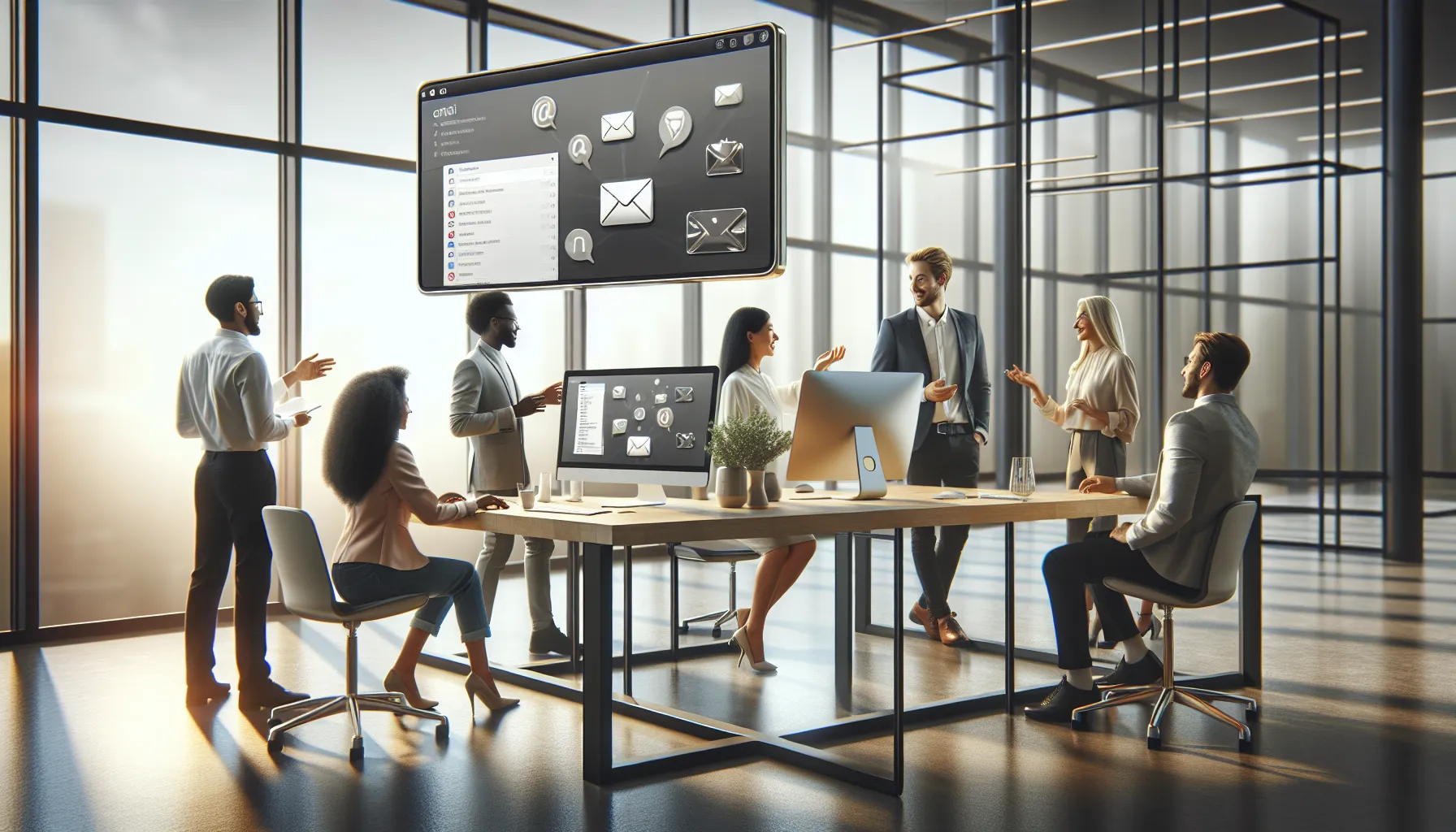 diverse professionals discussing email uses in a modern office.